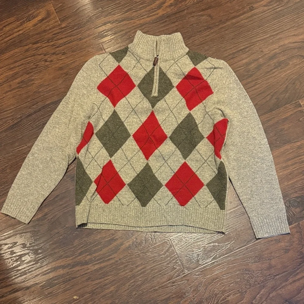J. Crew 100% Lamb Wool Men’s 1/4 Zip Sweater in Gray and Red Argyle